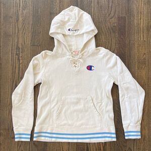 Champion Off-White Hoodie with Blue Accents